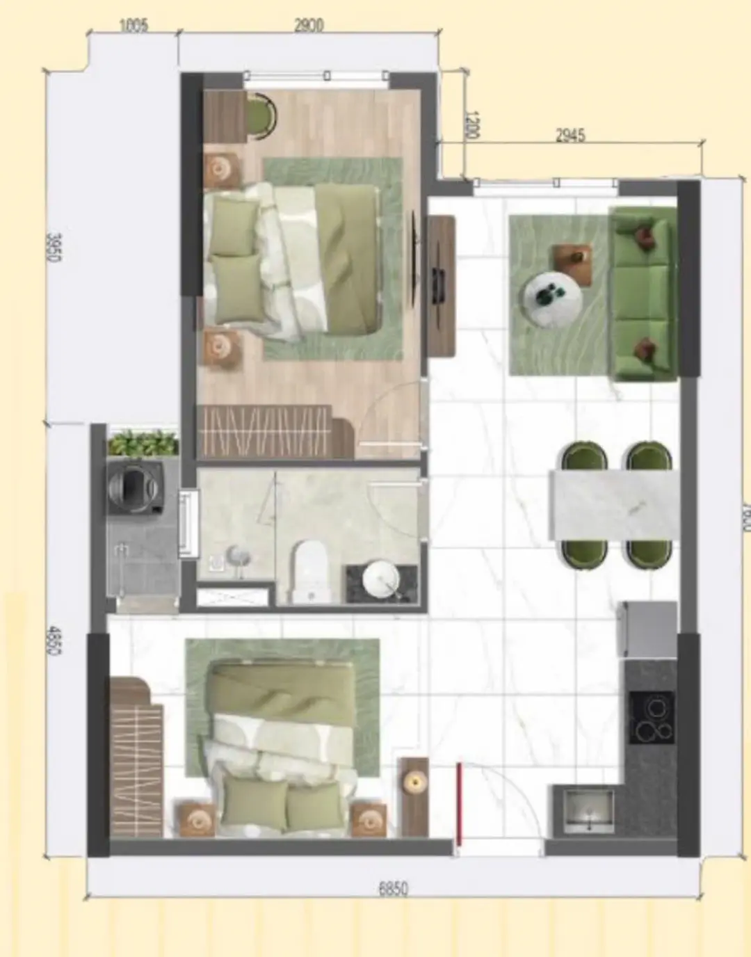 Mặt bằng căn hộ 2 phòng ngủ 1WC Bcons Riverside TPHCM